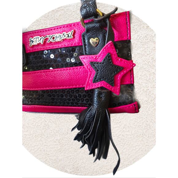 Betsey Johnson Hot Pink & Black Striped Sequin Small Satchel - Picture 2 of 12